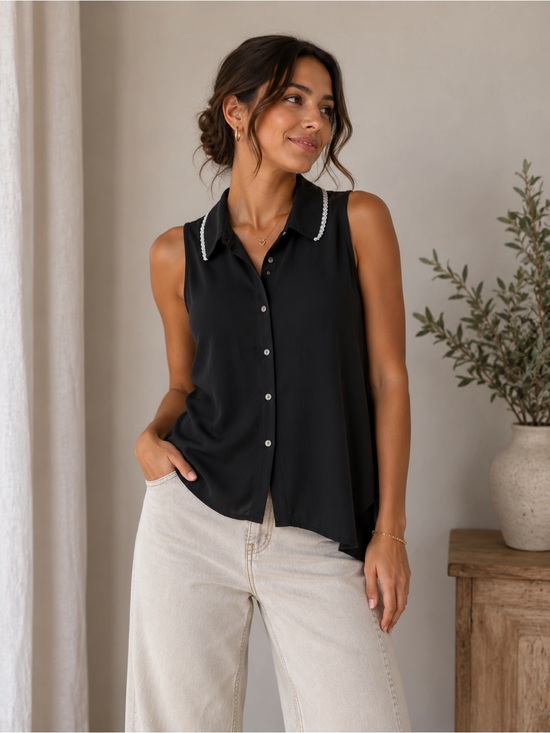 Anthropologie Tops - Anthropologie Black Top with Cream Lace, Sleeveless